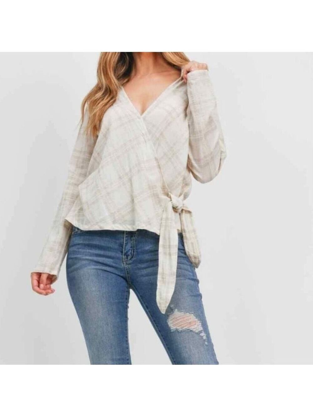 LOVERICHE TAN AND CREAM WRAP STYLE SIDE TIE BLOUSE - S/M - NWT